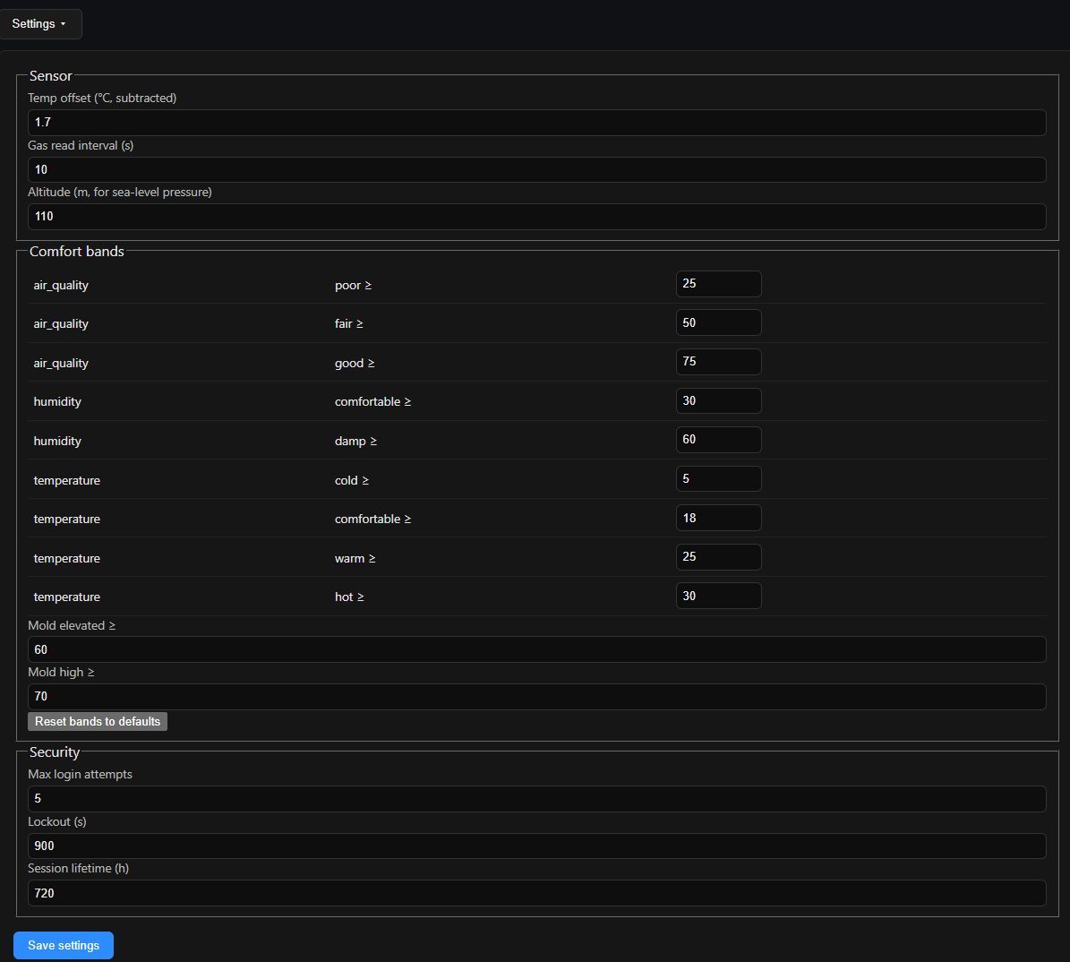 The dashboard settings panel: a Sensor section with temp offset, gas read interval, and altitude fields; a Comfort bands section with editable thresholds for air quality, humidity, and temperature plus mold-risk points; and a Security section with max login attempts, lockout seconds, and session lifetime.