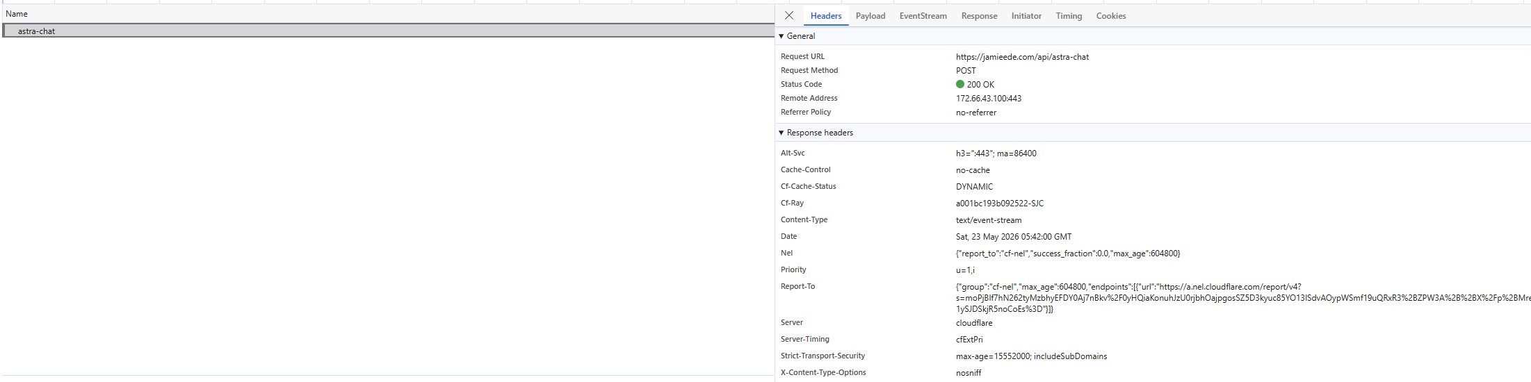 Chrome DevTools Network tab on Astra Docs Chat showing a same-origin POST to /api/astra-chat with text/event-stream response and no Langflow URL or API key in browser traffic