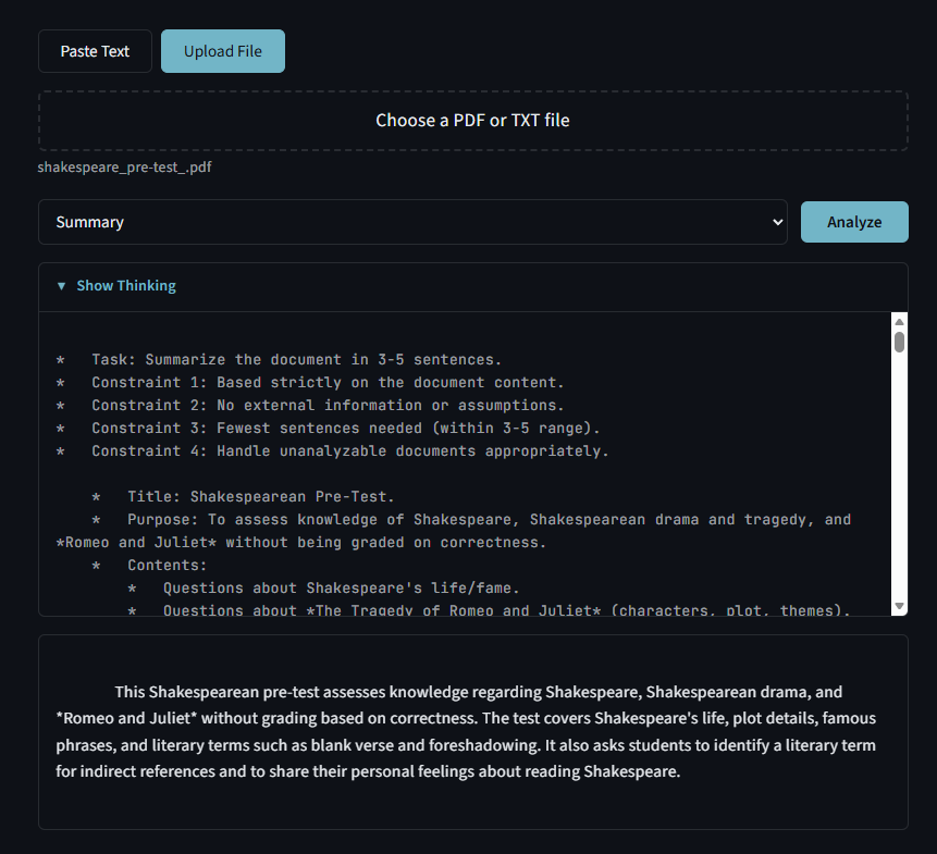 The document analyzer interface showing a completed analysis. A collapsed &ldquo;Show Thinking&rdquo; spoiler sits above the result area, which contains a multi-sentence summary of the uploaded document.