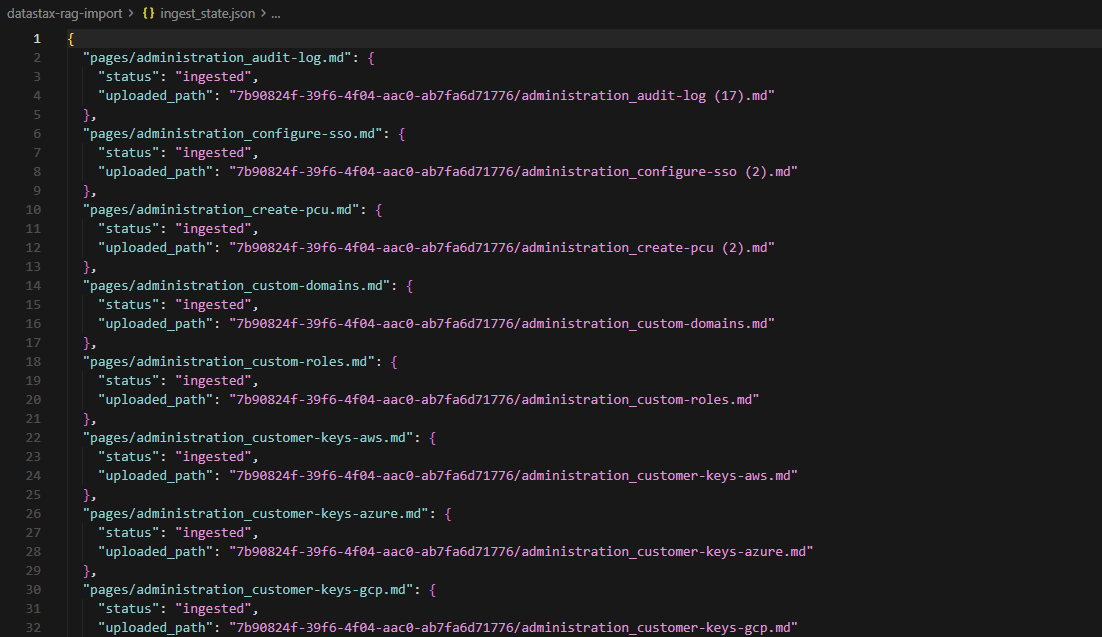 ingest_state.json tracking Langflow batch ingest status and uploaded file paths per markdown page for vector load resume