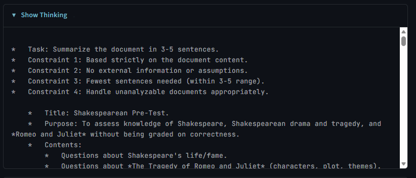 The &ldquo;Show Thinking&rdquo; disclosure element expanded, revealing the model&rsquo;s internal reasoning as monospace text. The chain-of-thought shows the model working through the document structure before producing its answer.